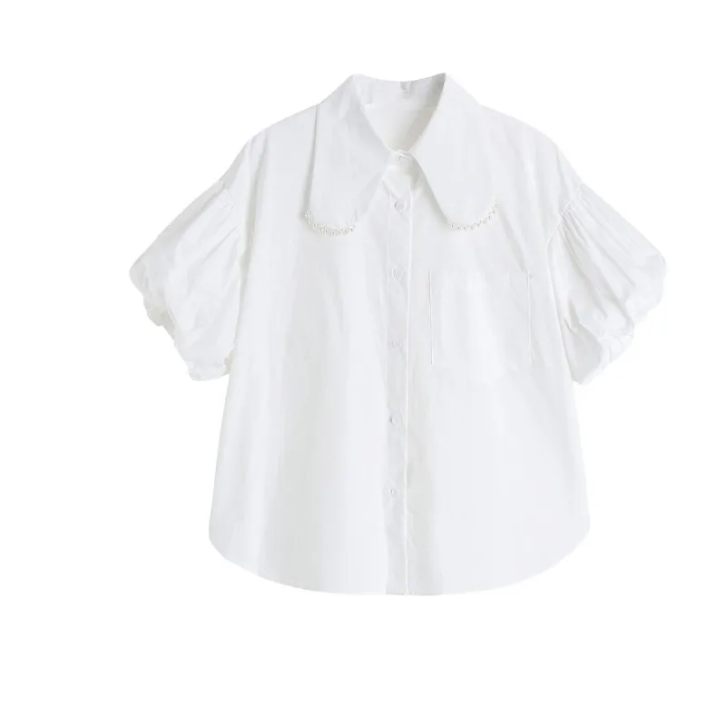 

Women Fashion Tide Spring Summer 2023 White Pleated Temperament Blouse New Lapel Short Puff Sleeve Loose Fit Shirt