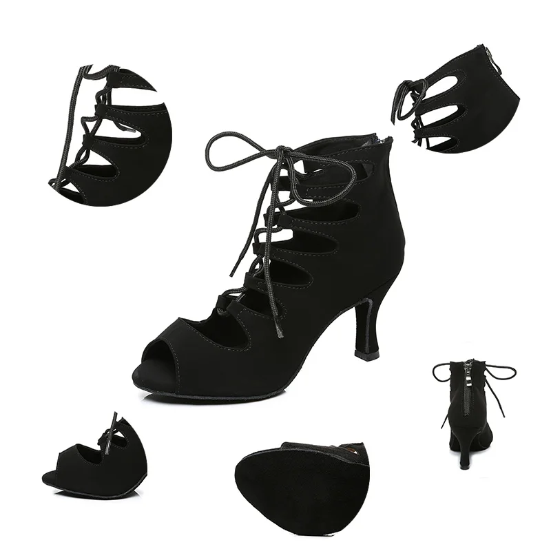 DKZSYIM Purple/Black Latin Dance Shoes Women Ballroom Tango/Salsa Dancing Boots Open-Toe High Top Dance Shoes High Heels 6-10CM