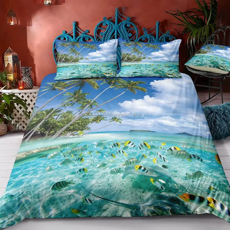 

3Pcs Bedding Sets 3D Digital Printing Custom Quilt Duvet Cover Set Landscape Sea Surface Beach Home Queen King Quilt Pillowcase