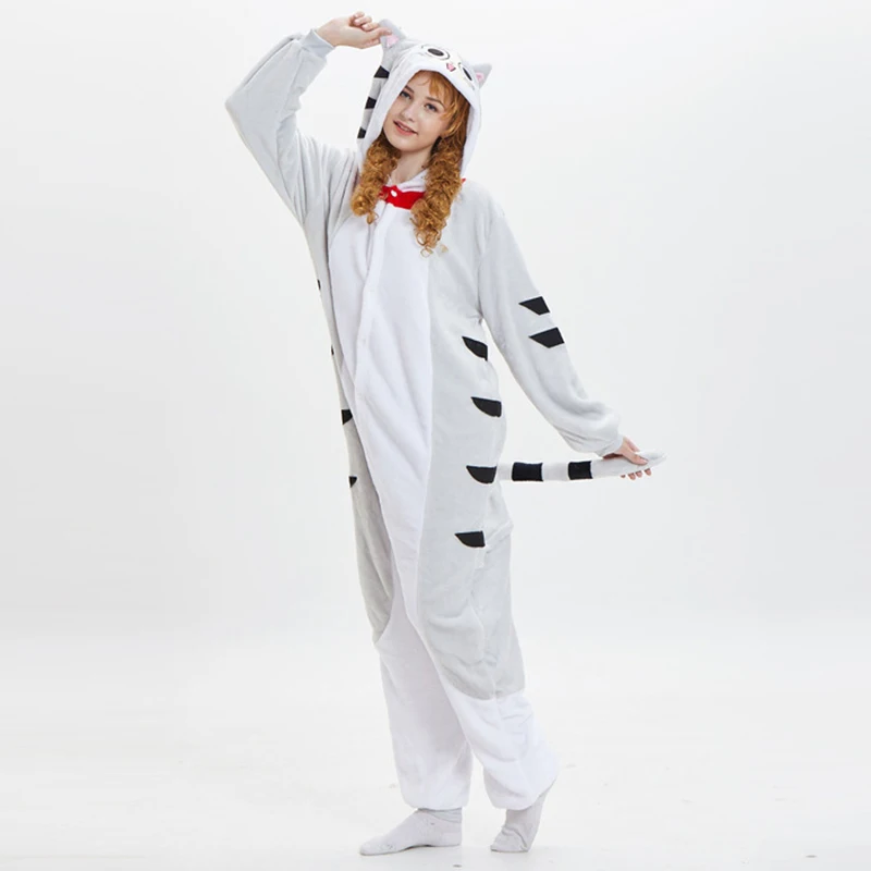 Animal Flannel Onesies Halloween Costume Plush Cat One Piece Cosplay Suit for Women Men Kids Family Cartoon Pajamas Set Jumpsuit