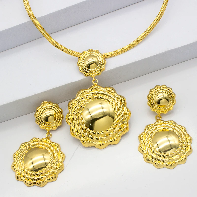 

Jewelry Set For Women 24K Gold Plated Fashion Drop Earrings And Pendant With Choker African Dubai Wedding Party Mothers Day Gift