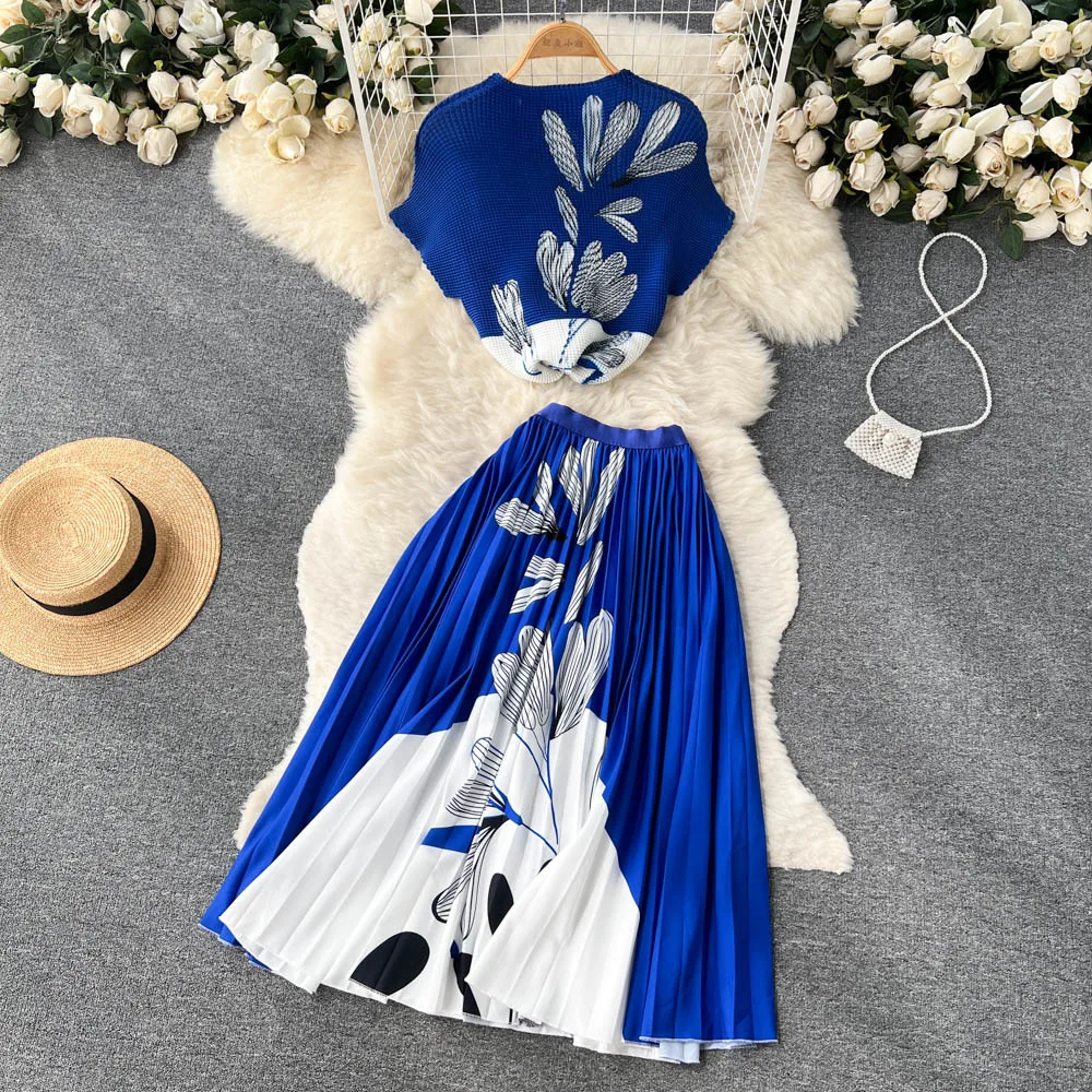 

Amolapha Women Printed Slim Short Style Tees Tops+High Waist Floral A-Line Skirts Vintage Clothing Suits