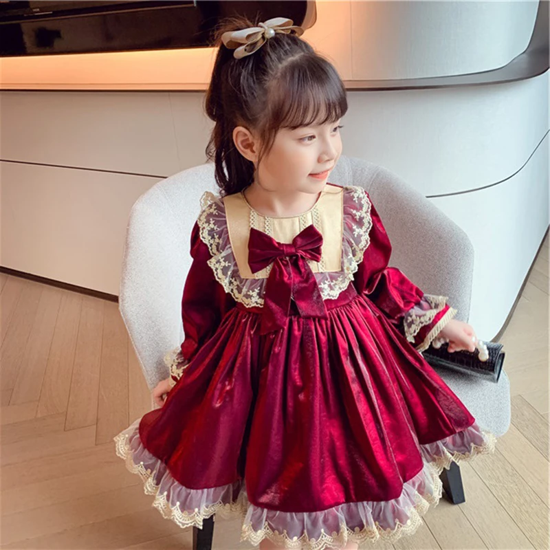Girls Long-sleeved Wine Red Lolita Princess Dress Toddler Girl Fall Clothes 2022 Flower Girl Dresses  Girls Christmas Dress