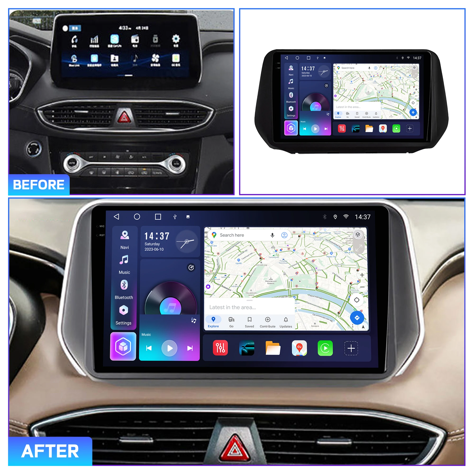 Фото Автомагнитола Penhui Android 2 Din для Hyundai Santa Fe 4 2020-2023 с мультимедийным экраном, DSP, Bluetooth, аудио и CarPlay №2