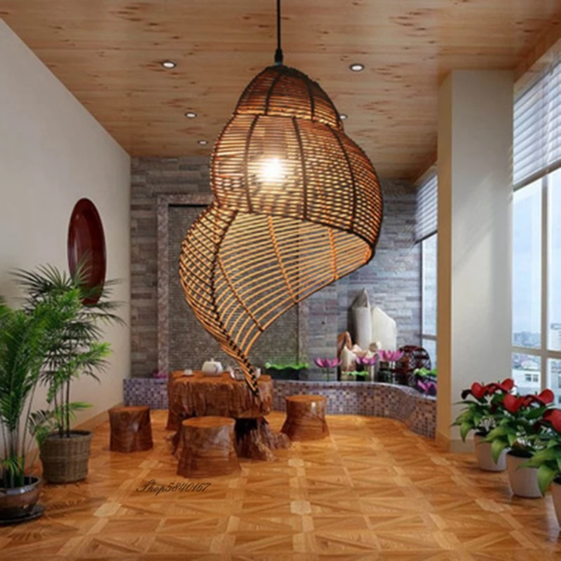 

Pastoral Style Conch Rattan Lamp Vintage Pendant Lights Dining Room Decor Lighting Fixtures Suspension Luminaire