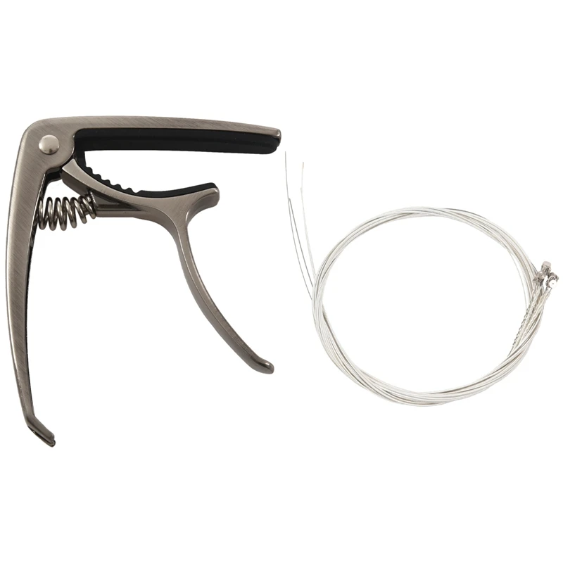 

1X 2-In-1 Silver Aluminum Single-Handed Guitar Capo With Bridge Pin Puller & 6X 150XL Gauge 0.009 Inch Steel Strings