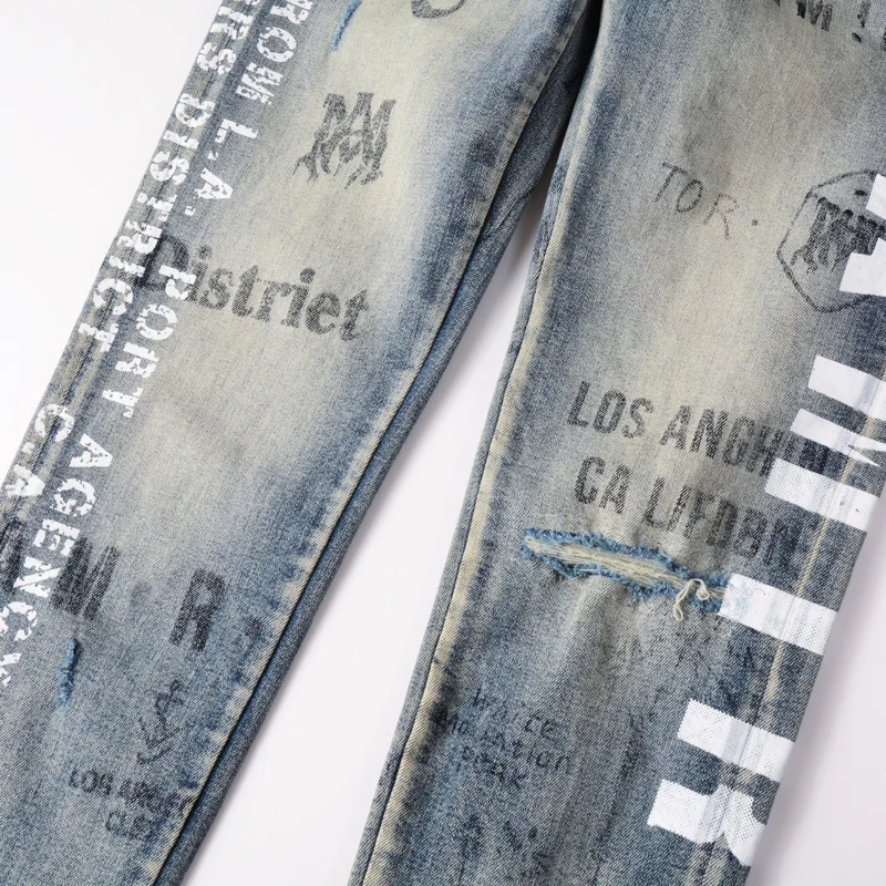 Street Fashion Men Jeans High Quality Retro Gray Blue Elastic Slim Ripped Jeans Men Printed Designer Hip Hop Brand Pants Hombre