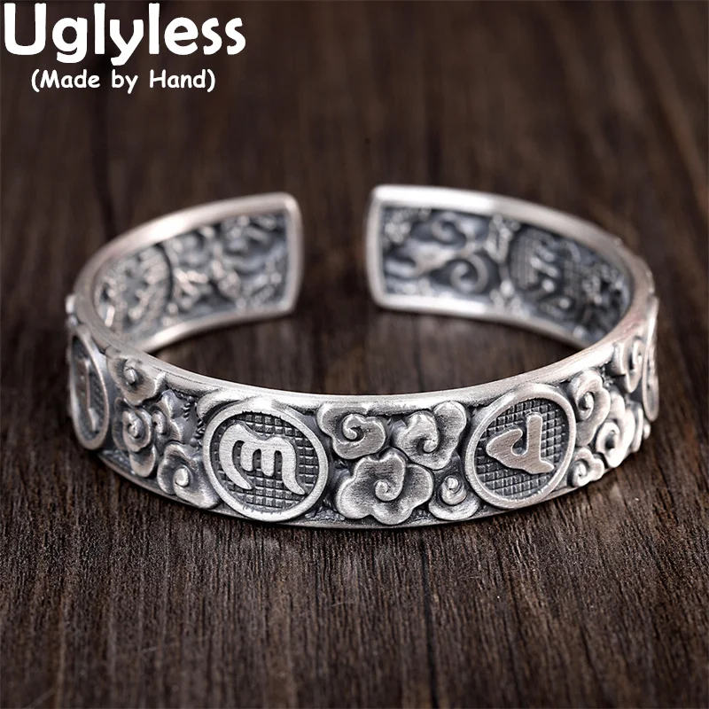 

Uglyless 14MM Wide Lucky Clouds Bangles Women Real 999 Pure Silver Bangles 6 Words Mantra Buddhism Jewelry for Female Buddhists