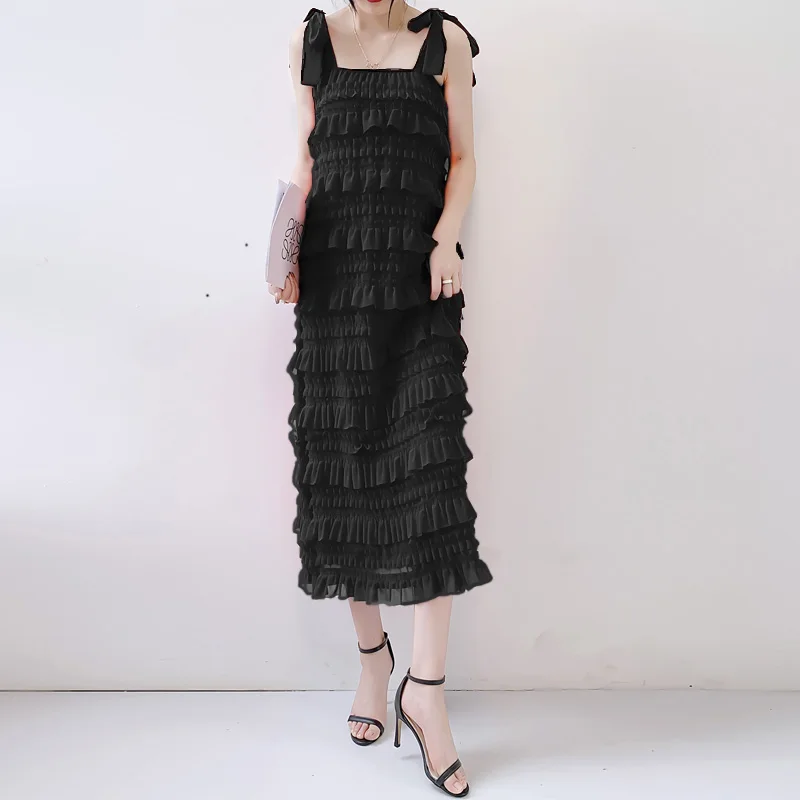 

SuperAen 2022 Summer Solid Straight Slim Holiday Cake Slash Neck Spaghetti Strap Dresses for Women