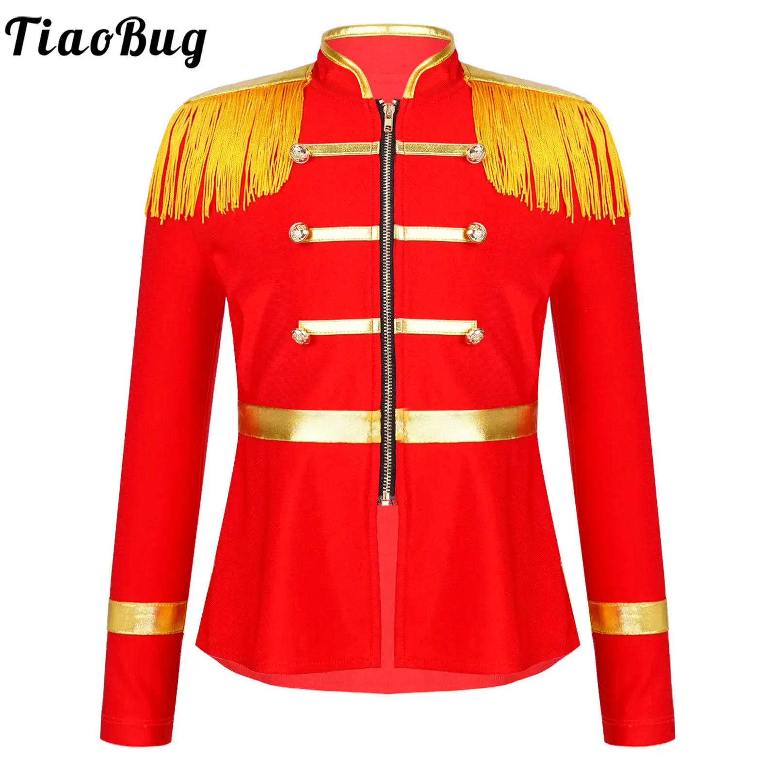 

Tiaobug Kids Girls Long Sleeve Red Circus Ringmaster Coats with Front Zip Tassels Shoulder Tops for Party Carnival Cosplay Wears