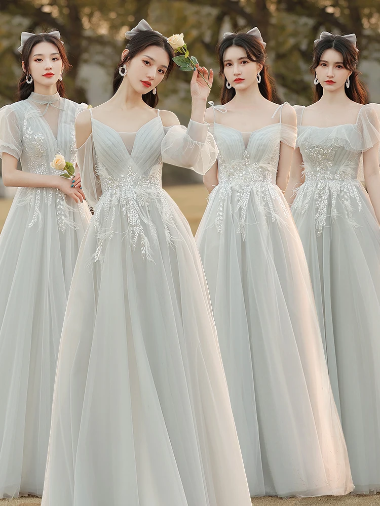 

Женское платье подружки невесты, элегантное вечернее платье-трапеция на бретельках-спагетти с V-образным вырезом и аппликацией, простое длинное платье из серого тюля для выпускного вечера