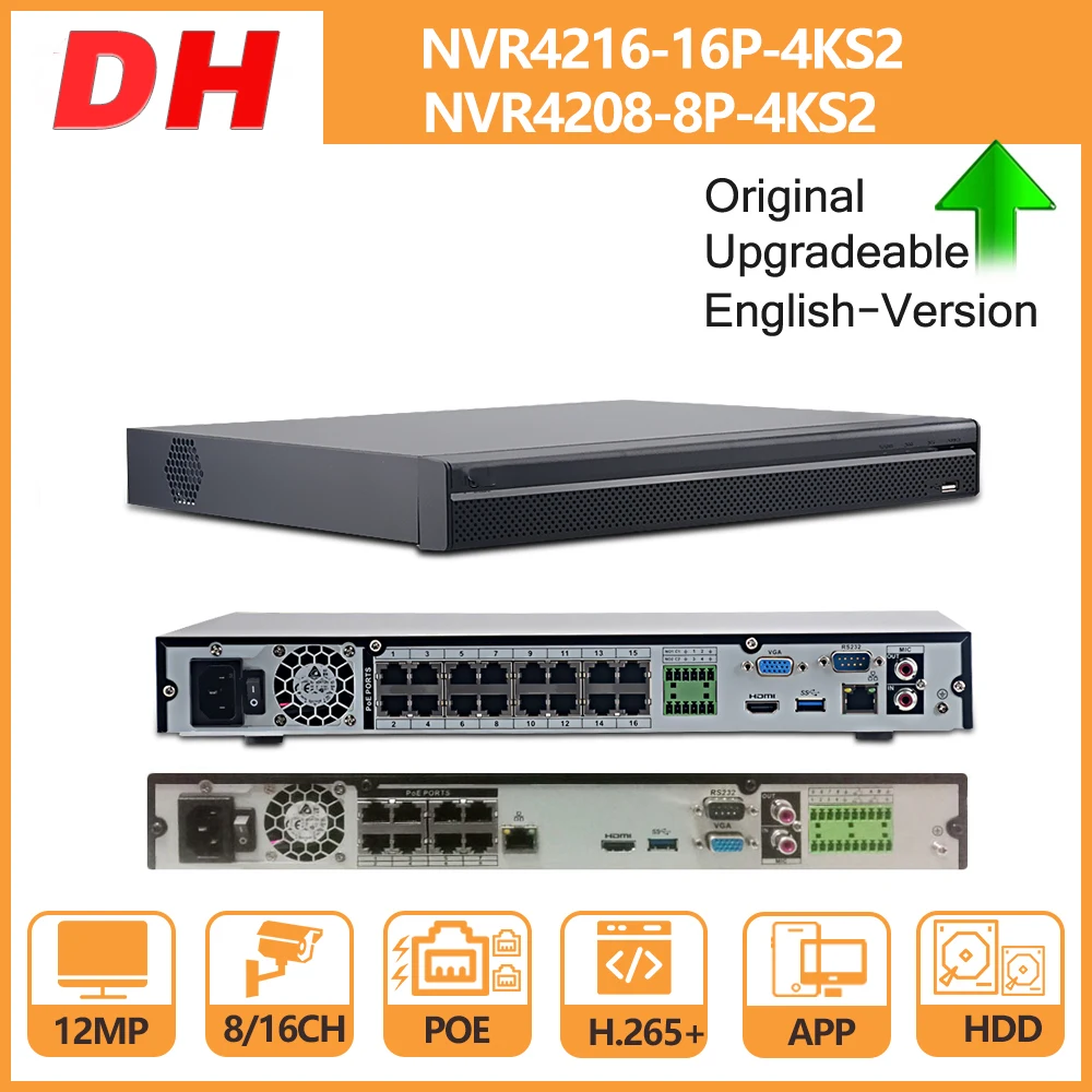 

Dahua PoE NVR 4K 32CH 16CH 8CH 4K NVR4232-16P-4KS2 NVR4216-16P-4KS2 NVR4208-8P-4KS2 with HDD H.265 2 SATA for IP Camera Security