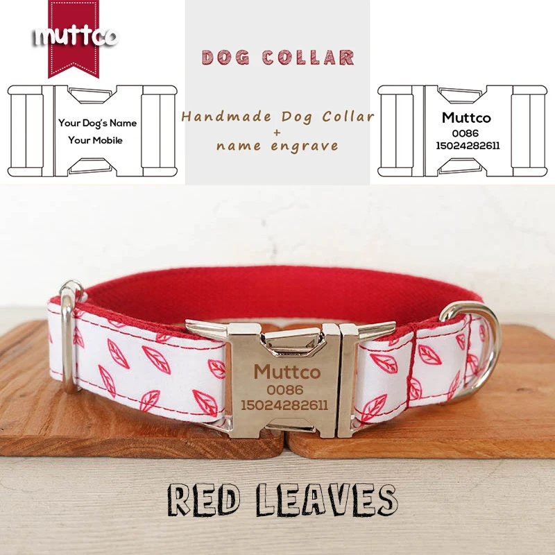 

MUTTCO Engraved independent design pet dog collar RED LEAVES personalized adjustable puppy nameplate collar 5 sizes UDC128