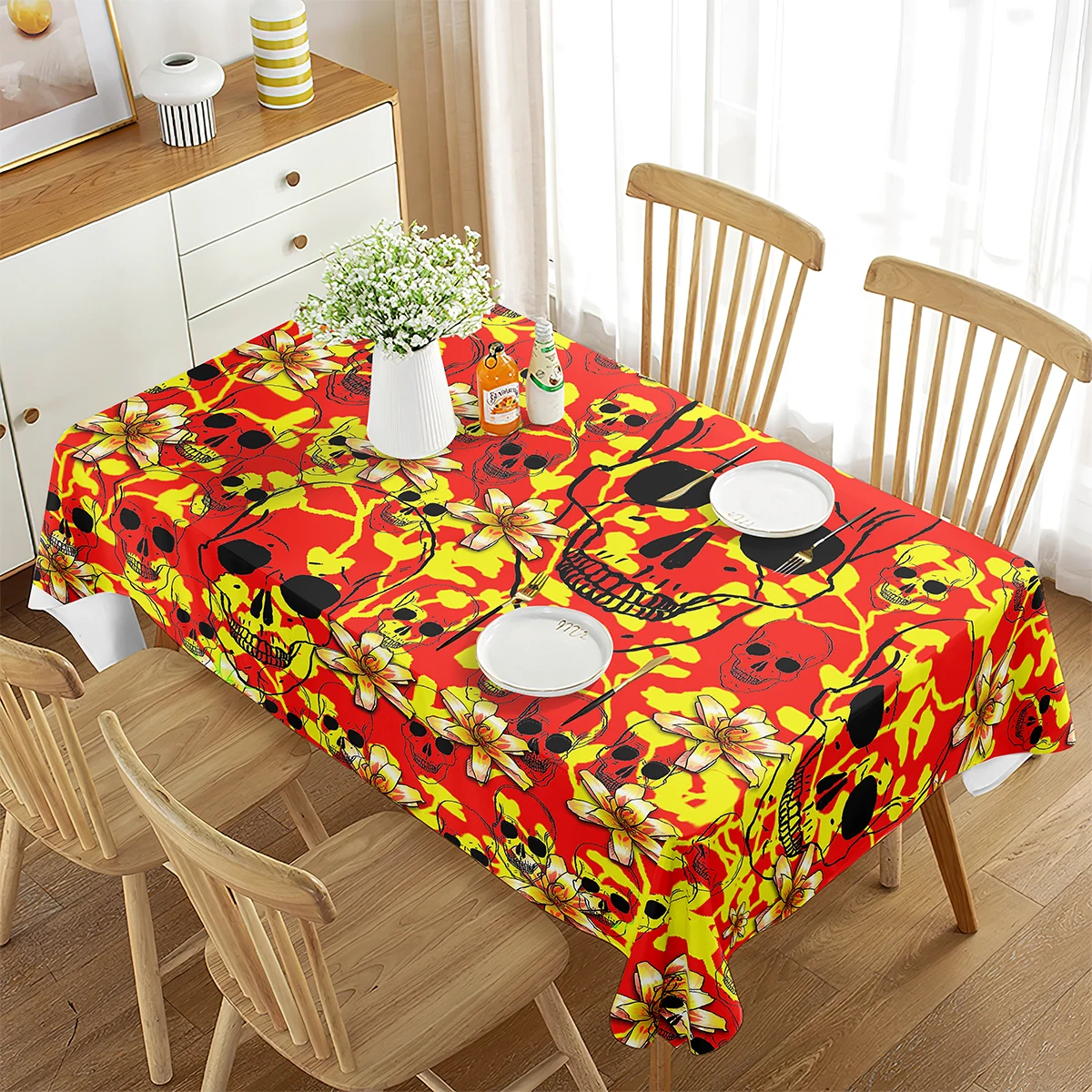 

Day of The Dead Tablecloth Mexican Fiesta Altar Sugar Skull Decor Supply Halloween Decoration Kitchen Dining Room Table Cloth