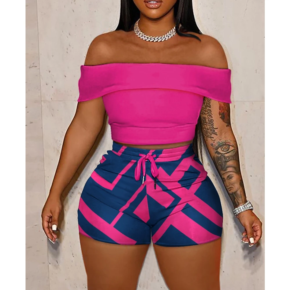

Wepbel Women 2 Piece Sets Outfits Slash Collar Tshirts Tops Off-Shoulder Top Printing Summer Short Pants Skinny Short Pants