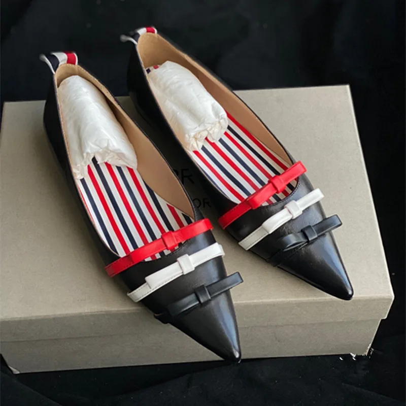 Women's Lucky Shoes 2023 Spring and Autumn New Bow Color-blocking Pointed Fashion Street Lazy Flat Shallow Single Shoes
