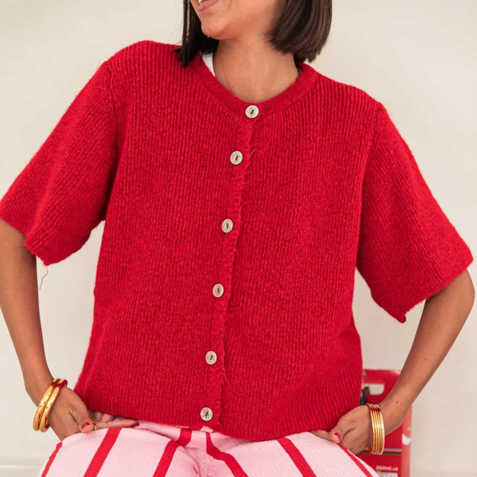 Women Knitted Crop Cardigan Shirt Short Sleeve Button Down Ribbed Knit Top Y2k Girls Outwear Tee for Winter Fall