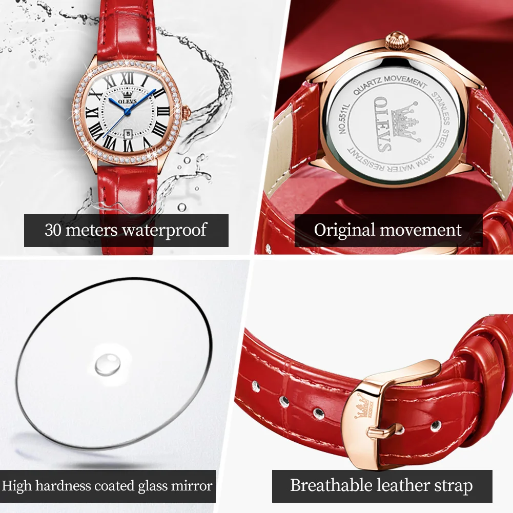 2023 New OLEVS Square Quartz Watches Women's Luxury Red Leather Wrsitwatches Fashion Rhinestones Classic Clock Montre Femme