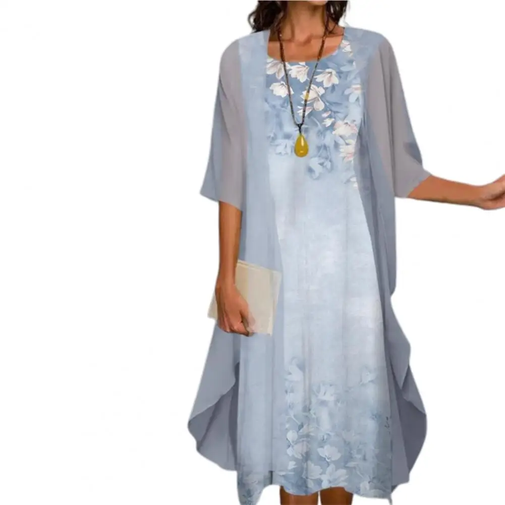 

Two-piece Dress Sets Office Lady Cardigan Dress Summer Elegant Floral Print Large Hem Spring Chiffon Coat Dress for Daily Wear