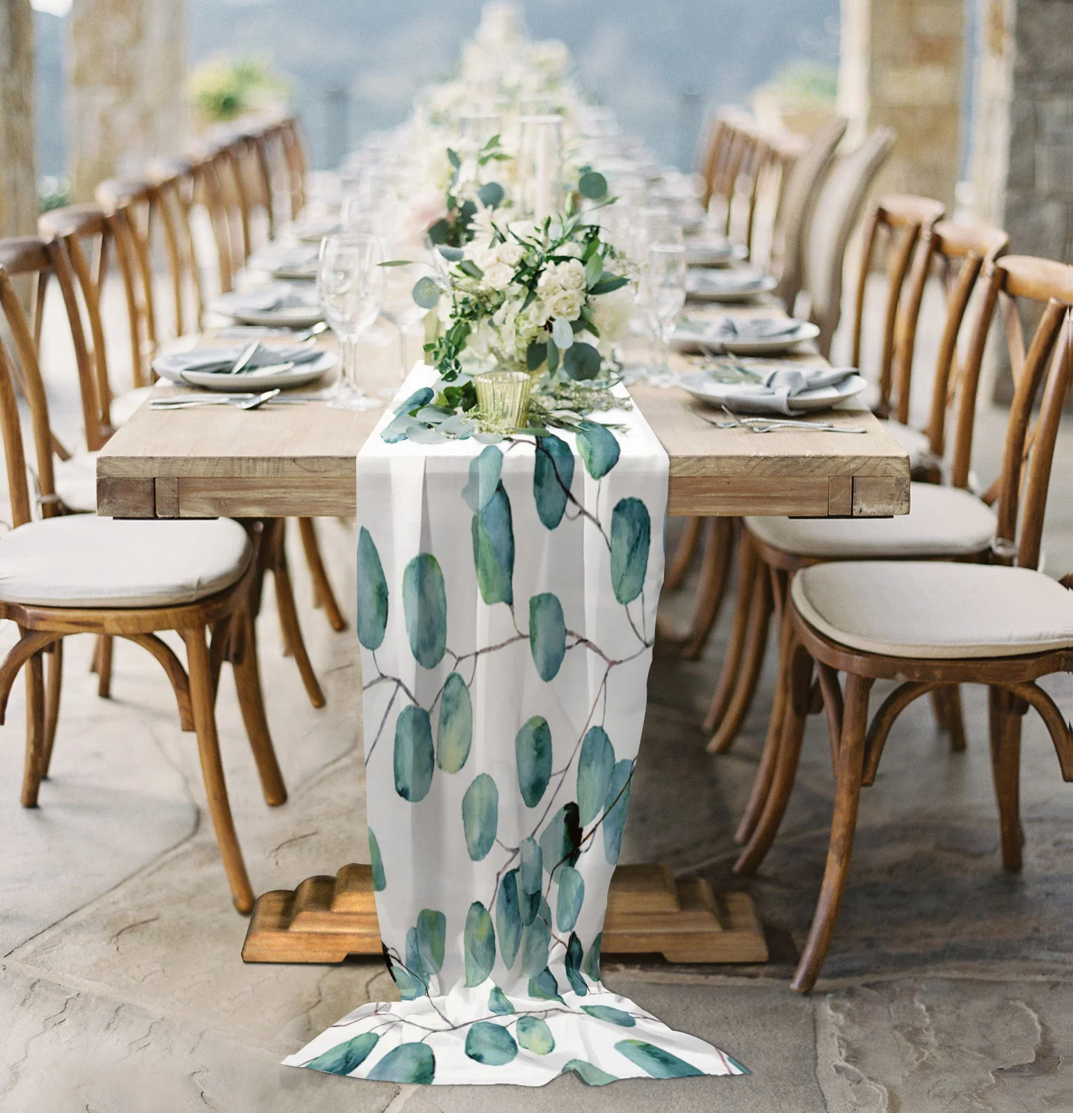 

Green Leaves Branches Chiffon Table Runner for Wedding Celebration Banquet Festival Party Backdrop Decor