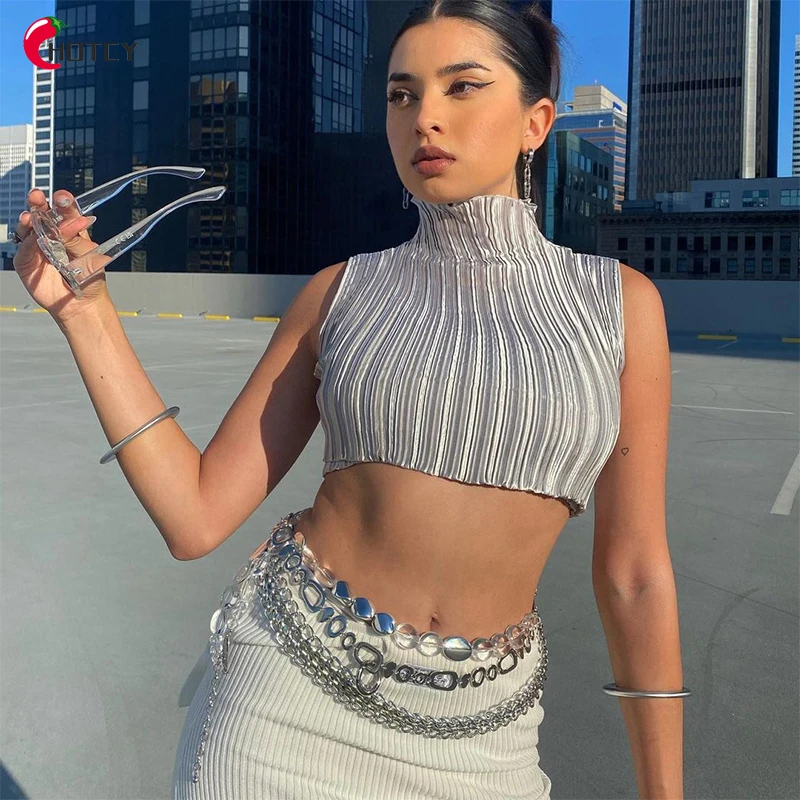 

HOTCY Stand Collar Sleeveless Vest for Women 2022 Autumn New Stylish Fresh Pleated Crop Top