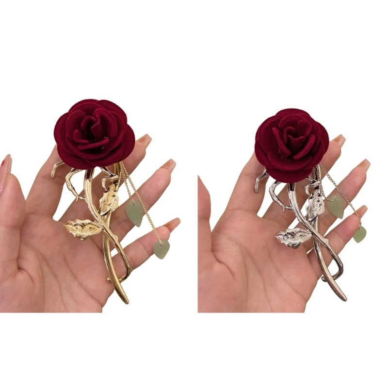 

Delicate Hot Girls Hair Clip Lovely Flocking Rose Shape Hair Clip for Wedding Party Romantic Style Hairpins for Bride