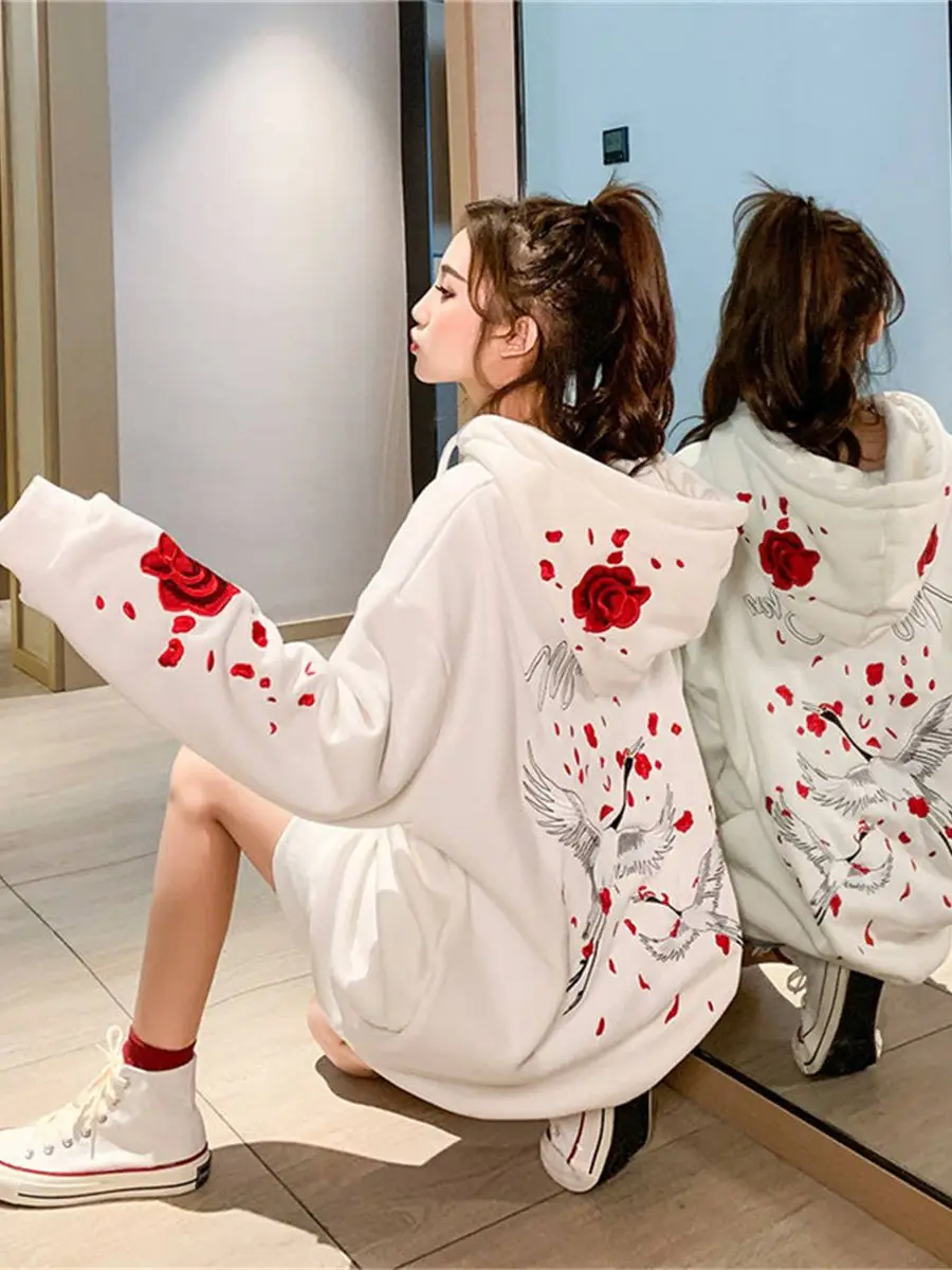 Белые женские свободные свитшоты толстовка с длинным рукавом и милым принтом