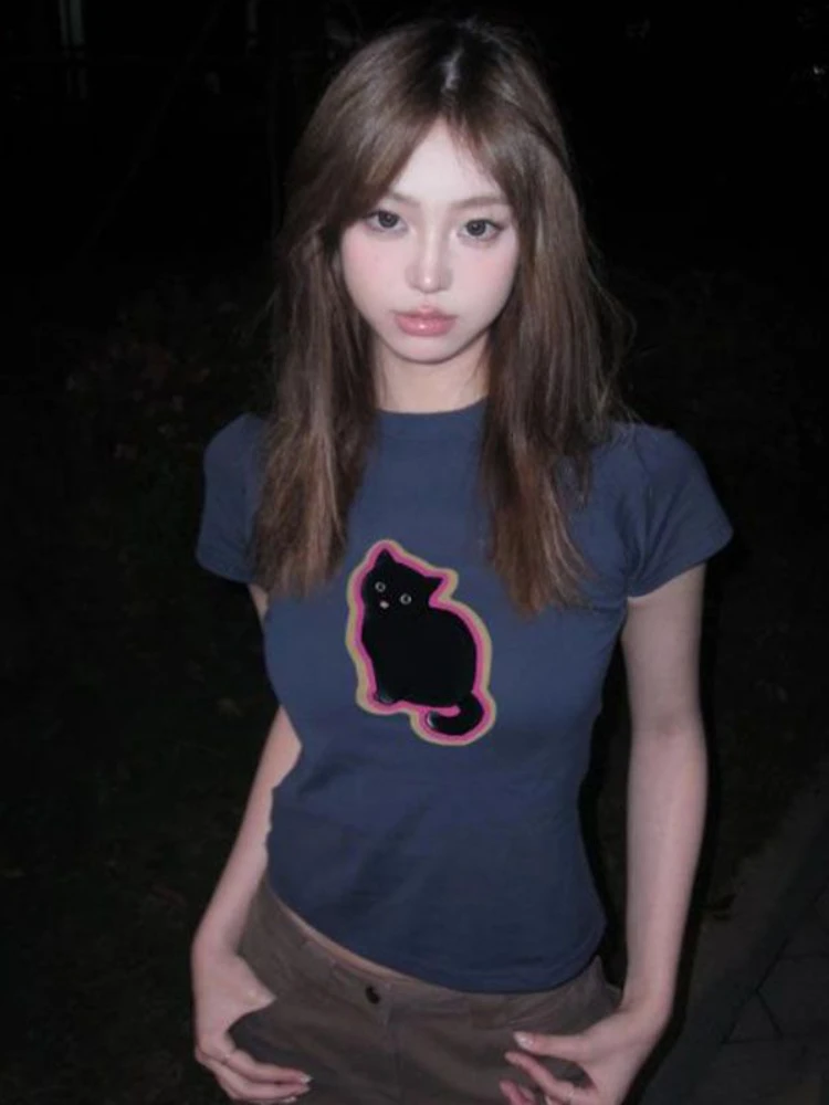 

Deeptown Y2k Aesthetic Cat T-shirts Women Vintage Korean Fashion Short Sleeve Tees Harajuku American Retro Kpop Slim Corset Tops