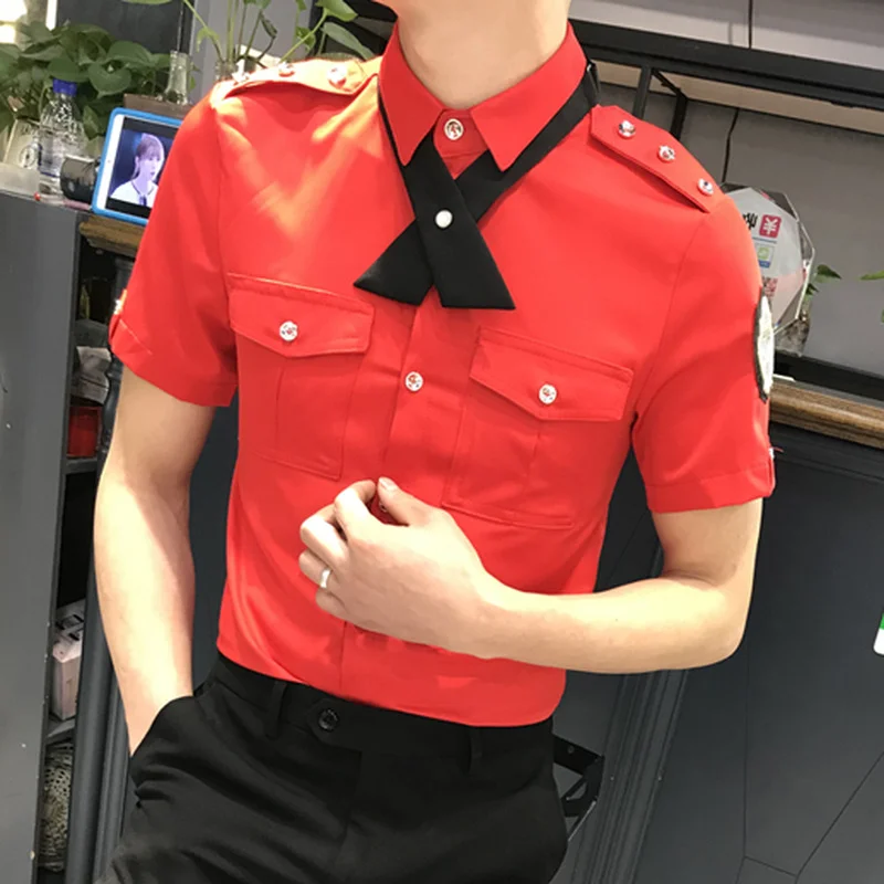 Tie Work Uniform Shirts for Men Summer Short Sleeve Casual Slim Shirt Social Party Tuxedo Blouse Couple Nightclub TopsStreetwear