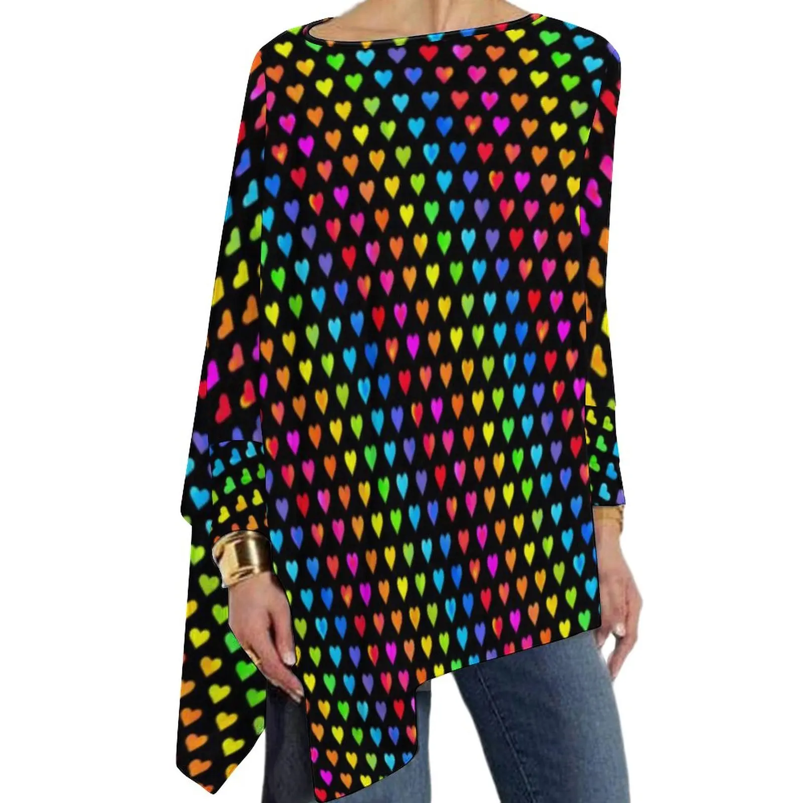 

Colorful Striped T Shirts Rainbow Hearts Street Style Long Sleeve T Shirt Elegant Design Tees Female Tops 4XL 5XL 6XL