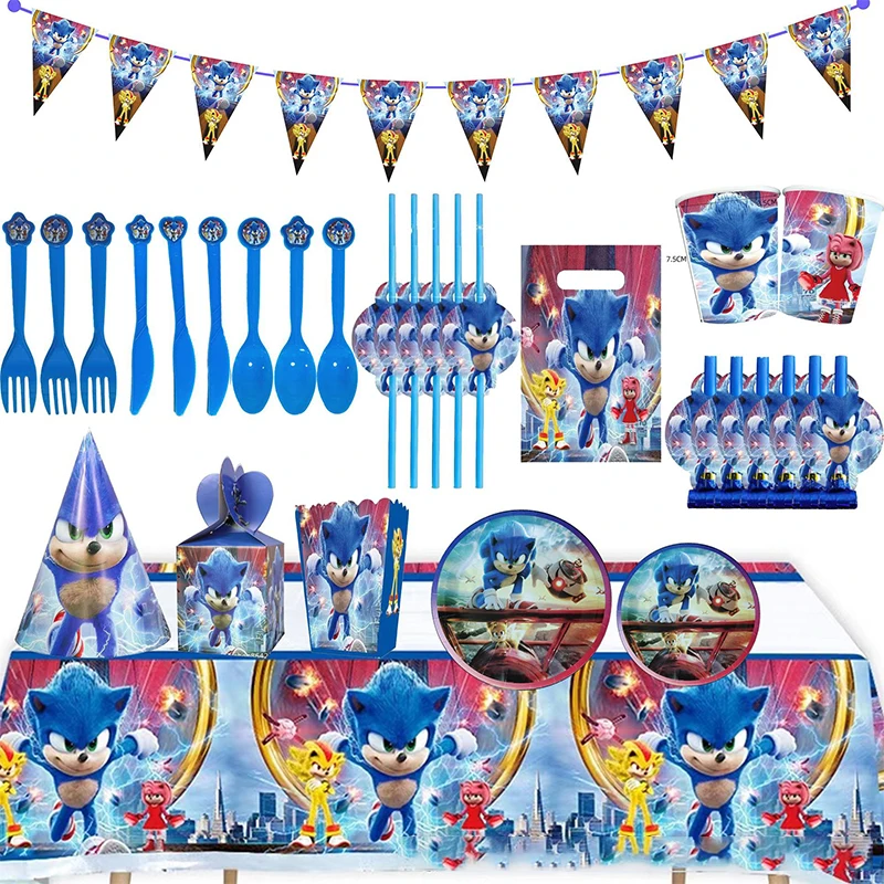 

Sonic The Hedgehog Movie Theme Party Favor Supplies Decor Kit Cups Plates Paper Straws Spoon Fork Napkin Birthday Decorations