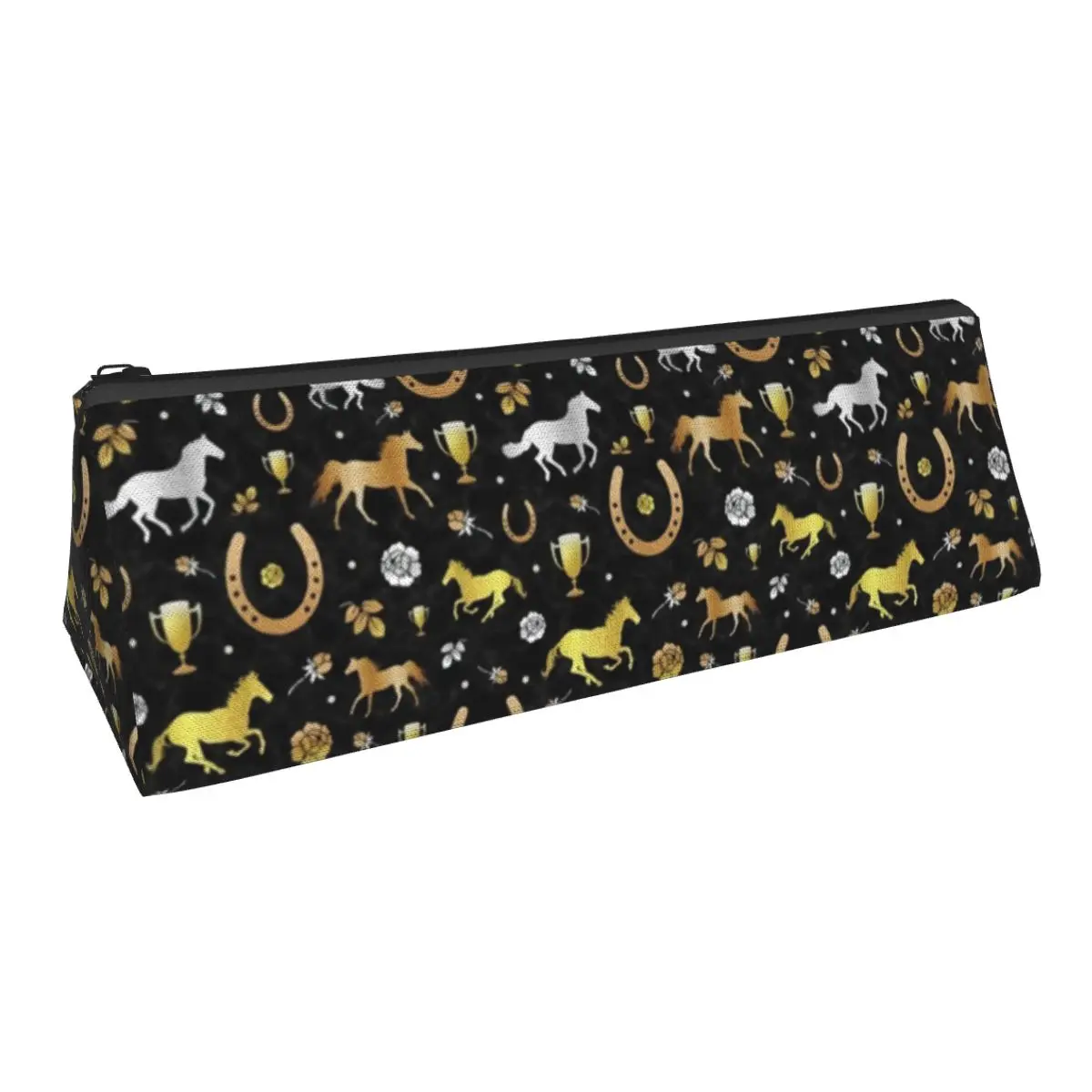 

Horse Racing Derby Day Party Triangle Pencil Case Black Gold Pattern Animal Stationery Simple Pencil Box Girls Boys Pen Bags