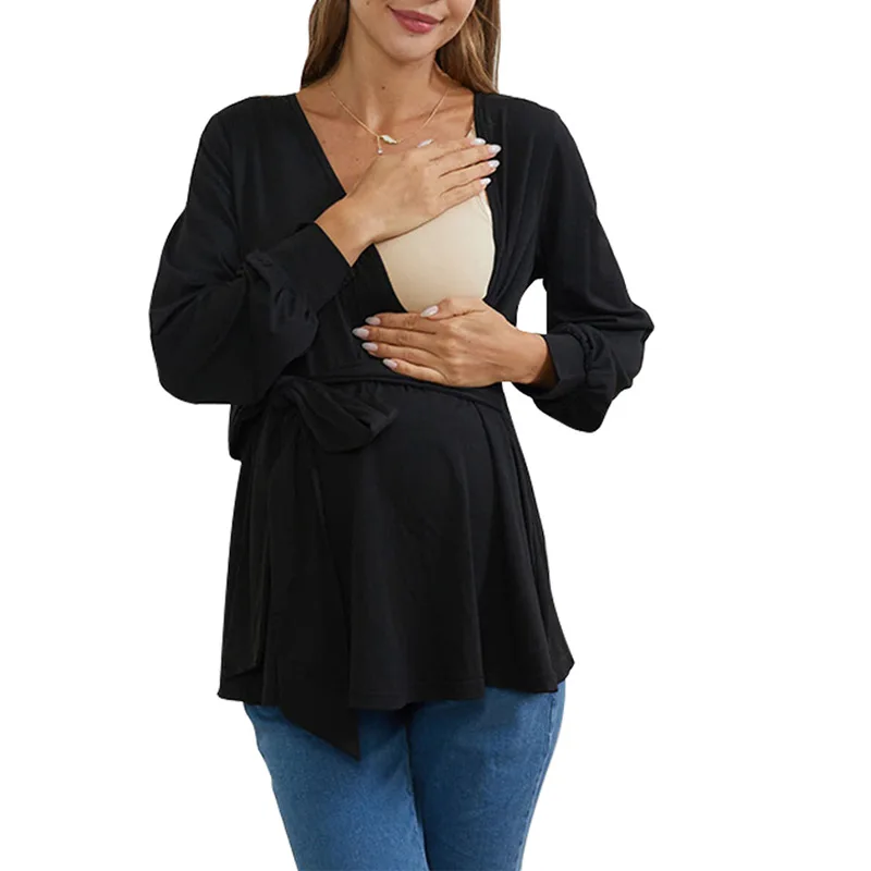 2023 Maternity T-shirt Baby Carrier Pregnancy Clothes Women Long Sleeve Solid Color Soft Nursing Tops Blouse V-Neck Blouse