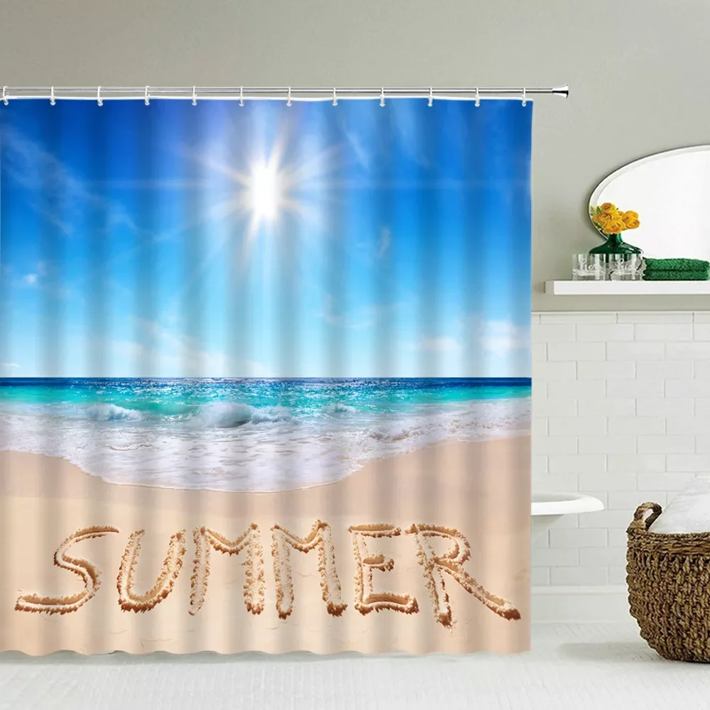 

2023 3d Beach Scenery Shower Curtains Sea Ocean Mediterranean Bathroom Curtain Waterproof Cloth Decoration 180*240cm Bath Curtai