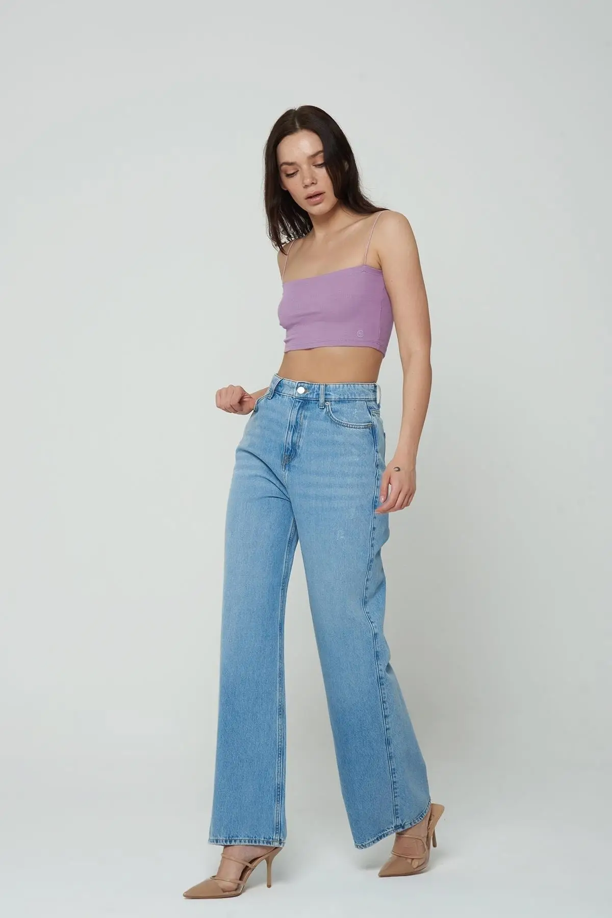 

Women's Jean Light Blue Wide Leg Fit High Waist Pop Zipper Trousers Trousers Trousers Jeans Buttons Zipper Ladies