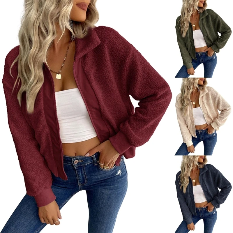 

F42F Autumn Winter Fleece Plush Streetwear Zipper Coat Woman Autumn