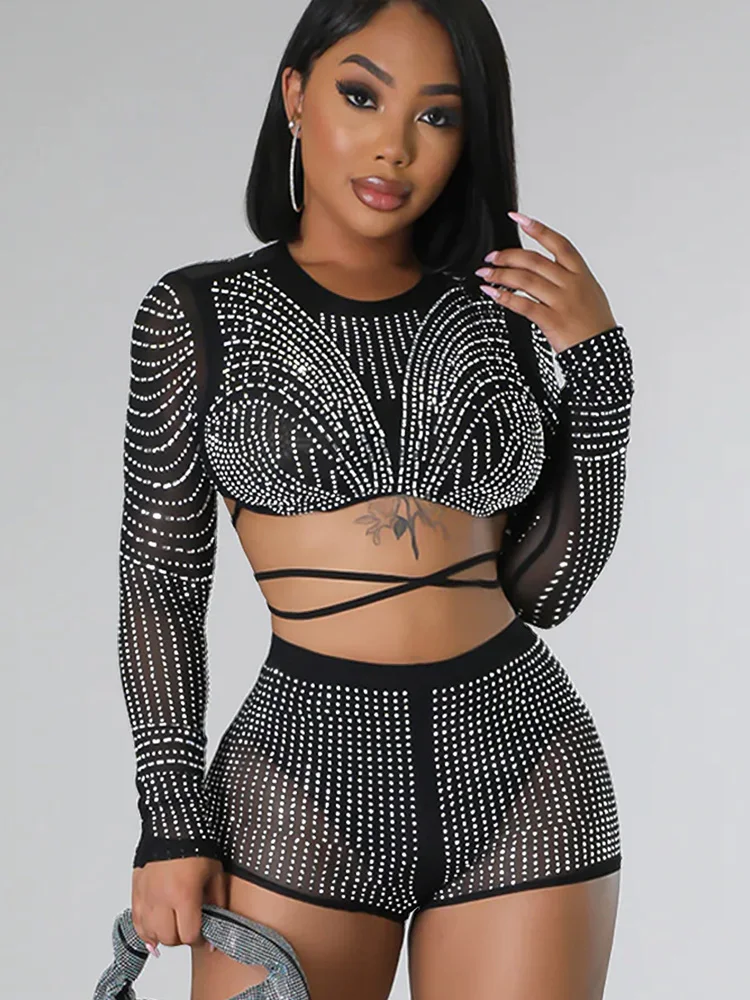 

RLMABABY Sexy Mesh Diamond Hot Drilling Women 2 Piece Set See Through Long Sleeve Lace Up Cropped Tshirts High Waist Shorts Set