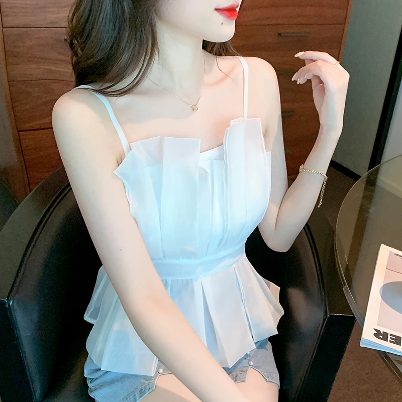 

Vintage Solid T-shirt for Women Summer 2023 New In Slim Fit Sexy Tees Sleeveless Fashion Folds Top Slash Neck Non Strech