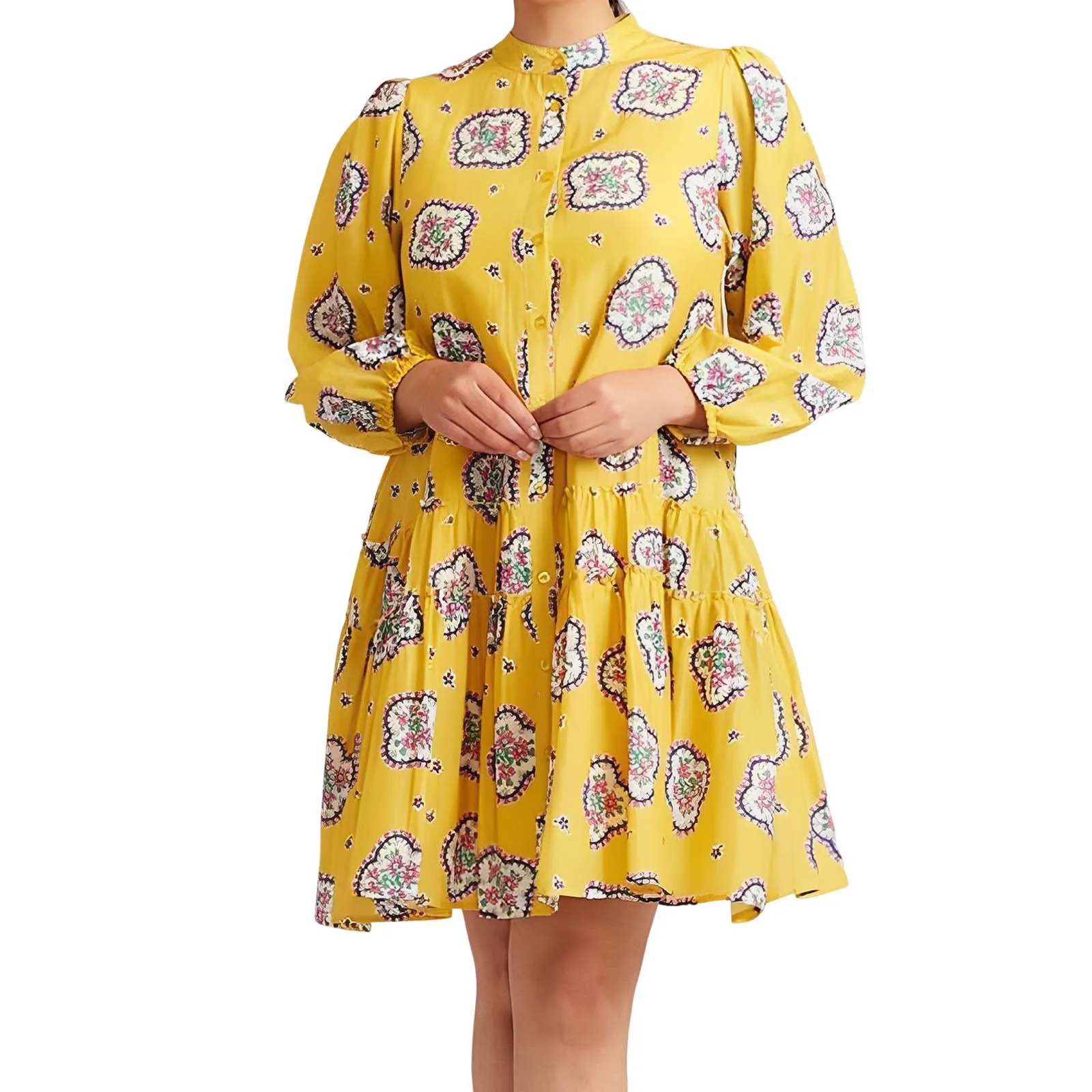 

Women's Large Floral Print Bubble Sleeved Mid Length Casual Dress Womens Summer Mini Dress