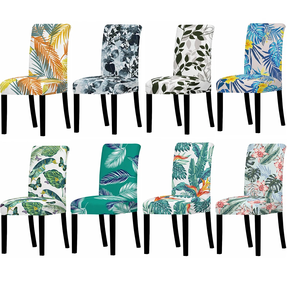 

Tropical Plant Print Chair Cover Dining Kitchen Spandex Stretch Wedding Banquet Anti-dirty Removable Elastic Chair Slipcover