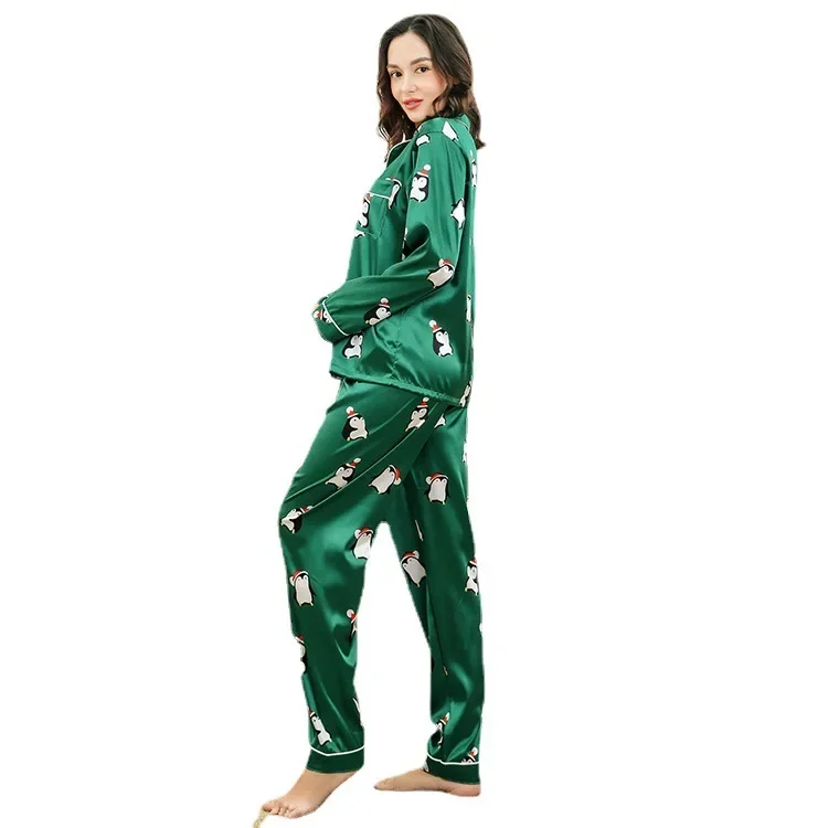 Рождественский пижамный костюм женский цветной блок имитация шелка мультяшная