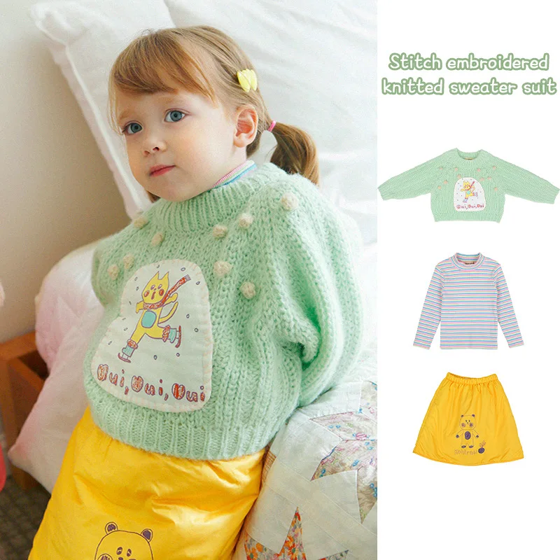 

Girls Sweater Set 2022 New Winter Cartoon Green Girls Knitted Sweater Korean Version Of The Cute Girls Skirt Children's Clothing