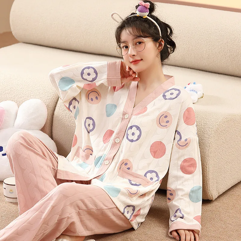 Women's pajamas, spring and autumn cotton long suit, household clothes, collarless cardigan, lovely style, can be worn outside