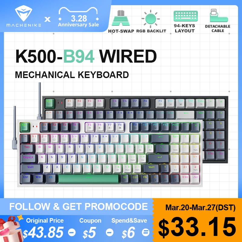 Machenike K500 Mechanical Keyboard Wired Gaming Keyboard Hot Swappable 94 Keys with RGB BackLight for Mac Windows Desktop