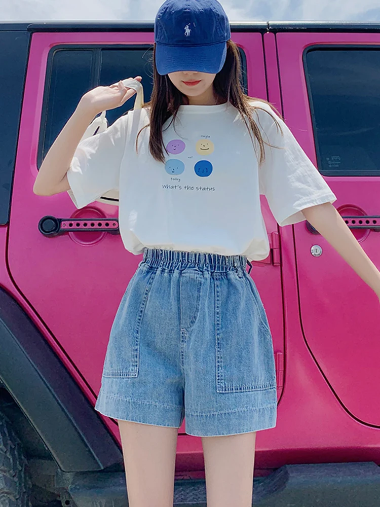 New Summer Women Elastic Waist Wide Leg Denim Shorts Streetwear Female Loose Pocket Retro Jeans Shorts Bottoms