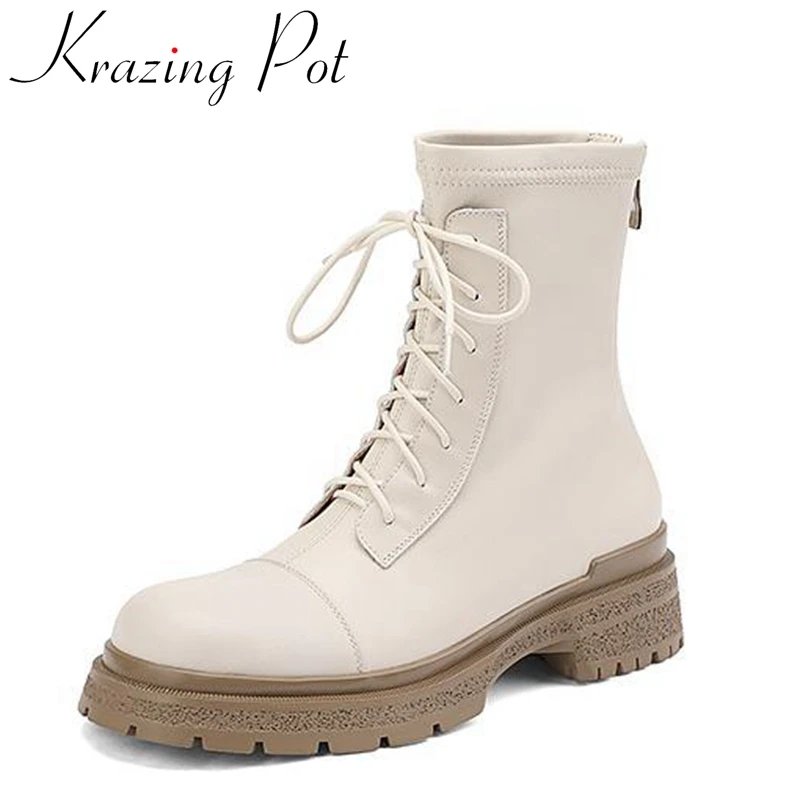 

Krazing Pot Genuine Leather Round Toe Med Heels Motorcycles Boots Cross-tied Sewing Thread Big Size 42 Causal Zipper Ankle Boots
