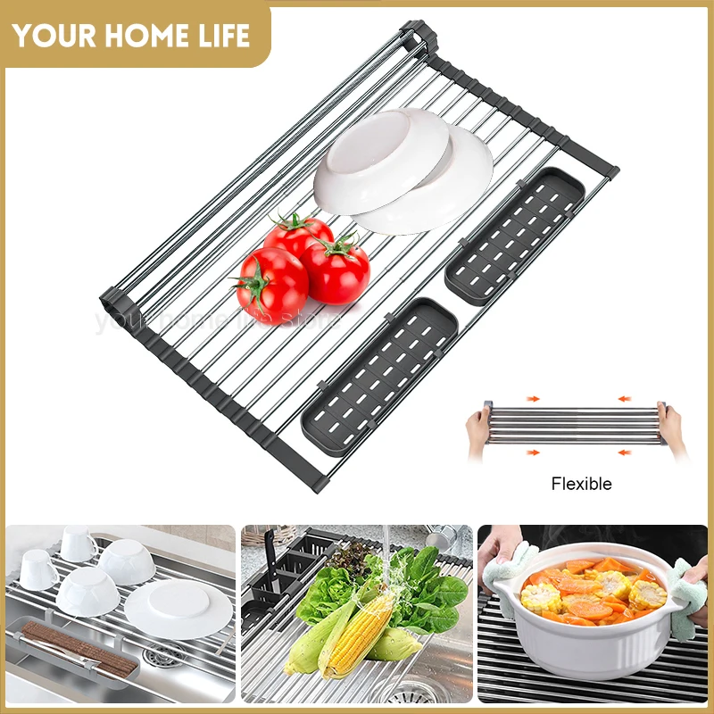 

Expandable Roll Up Dish Drying Rack Up to with 2 Storage Baskets,Over The Sink Kitchen Rolling up Dish Drainer Dish Drying Rack