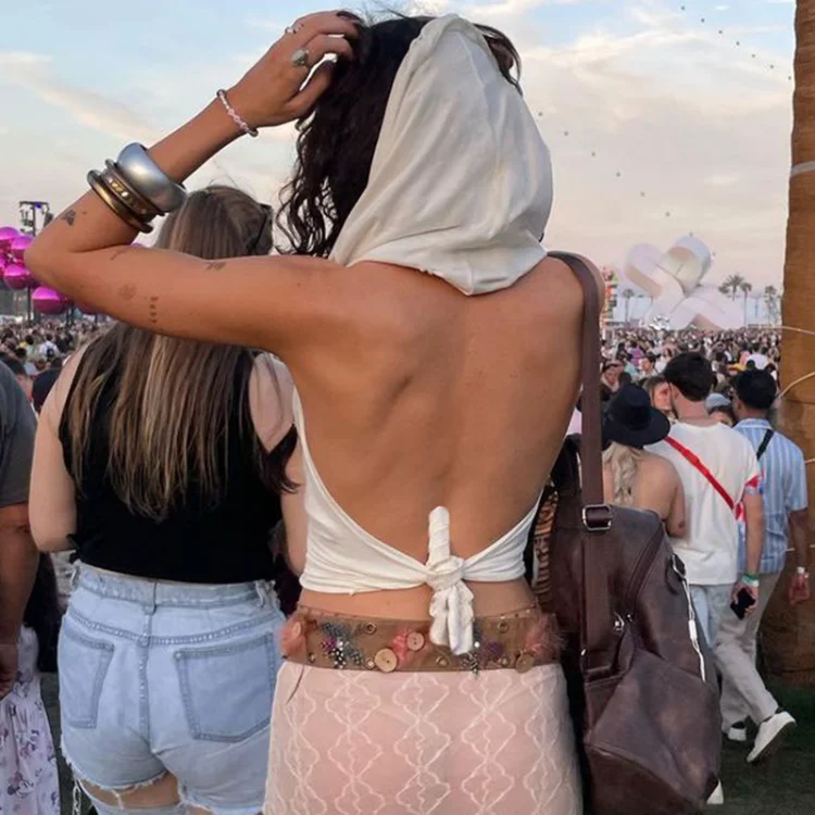 

American Sexy Backless Lace Up Hoodie Vest Summer E-Girl Crop Top Slim Fit T-shirt Y2k Grunge Sleeveless Ruched Tops Women