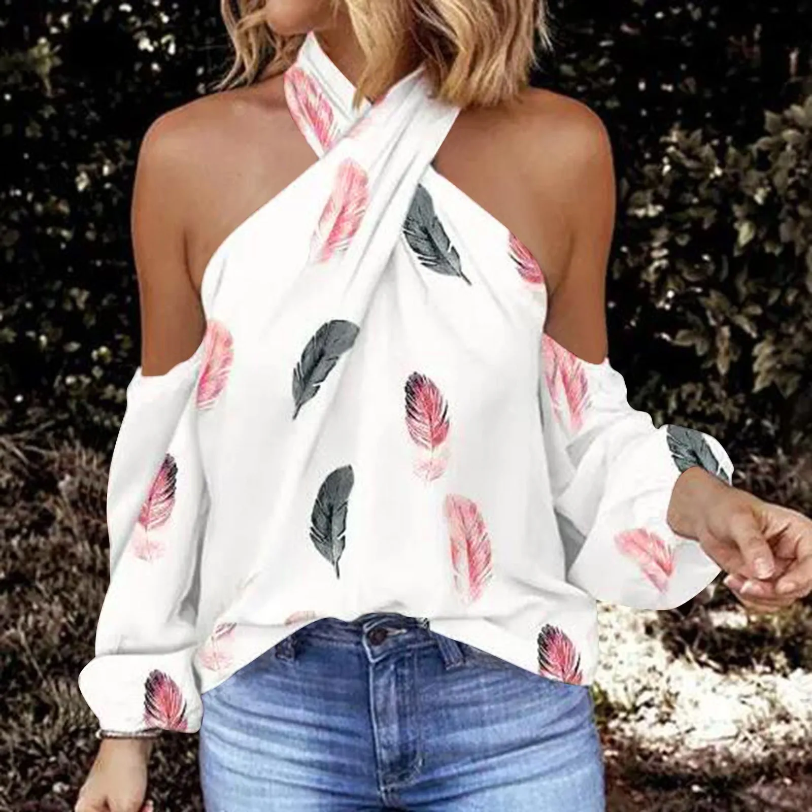 

Off Shoulder Blouse Women 2022 Criss Cross Ruffled Shirts Loose Long Sleeve Feather Print Shirts Hollow Elegant Oversized Blusas