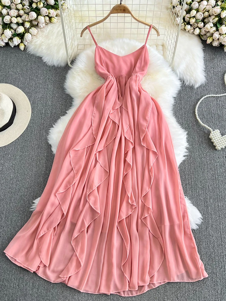 

FMFSSOM New Vintage Spring Summer Solid Slim Sleeveless Lady Dress A Line V Neck Spaghetti Strap Mid-Calf Women Dresses